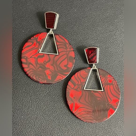 Pair Acrylic & Silver Tone Geometric Post Earrings, Red‎ & Black Swirl - Picture 1 of 9